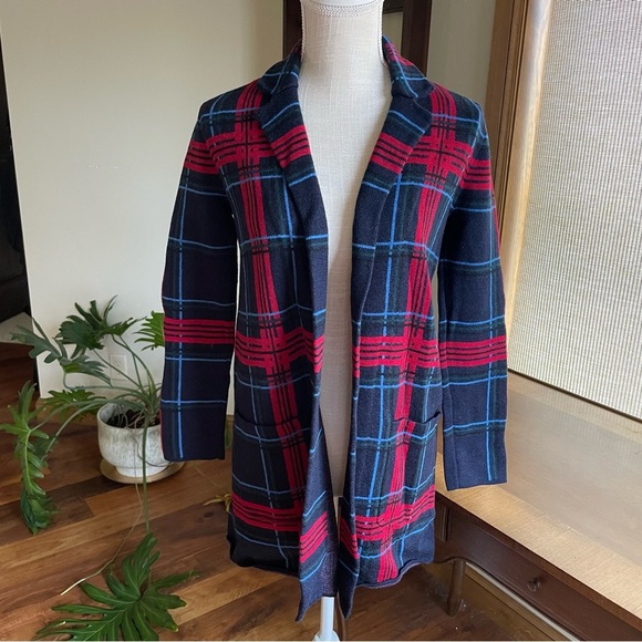 Talbots Pure Merino Wool Open Front Coatigan Cabin Plaid Sweater Blazer - Picture 2 of 11